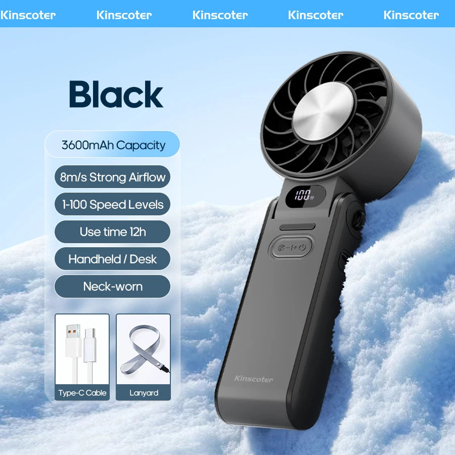 Multifunctional Handheld Cooling Fan 100 Wind Speeds Adjustable Foldable Outdoor Portable Fan 3600Mah LED Display with Lanyard