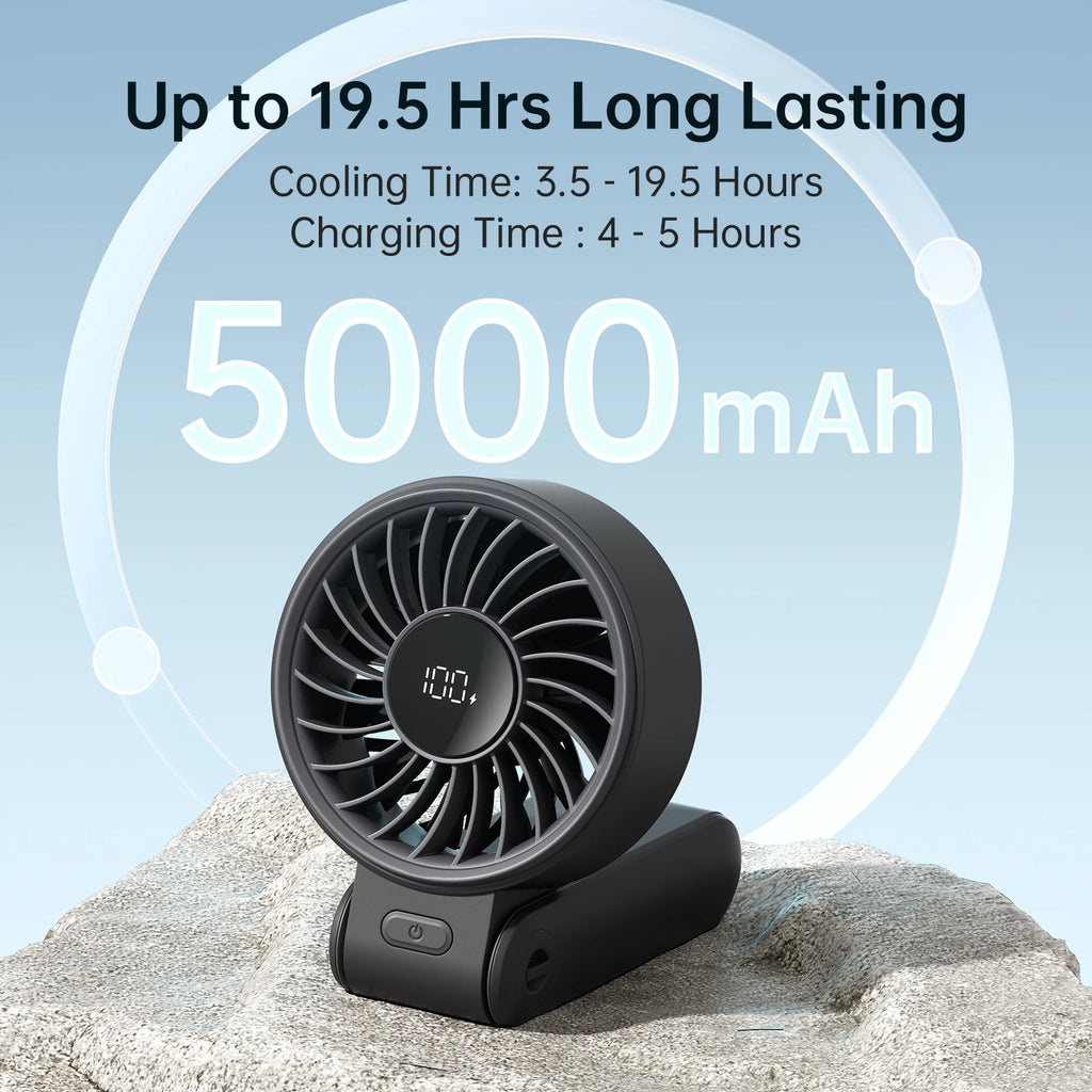 JISULIFE Portable Handheld Fan with LED Display,5 Speeds,5000mAh,150°Folded,3-IN-1 Hand/Desk/Neck Multifunction Personal Fan