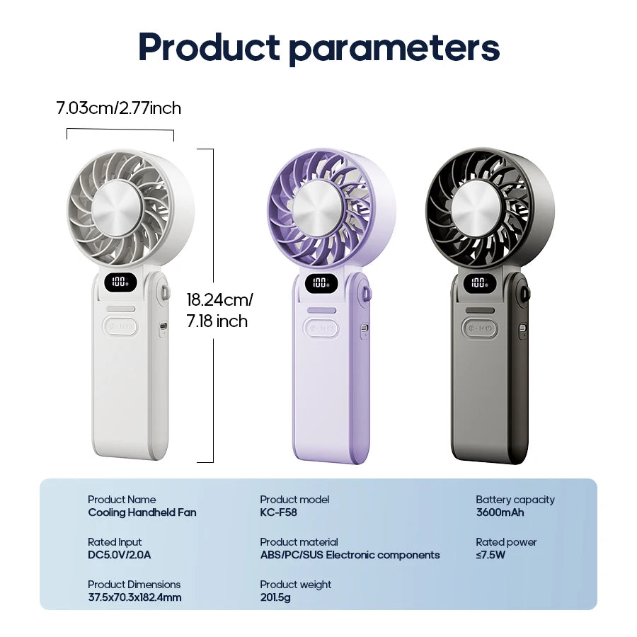Multifunctional Handheld Cooling Fan 100 Wind Speeds Adjustable Foldable Outdoor Portable Fan 3600Mah LED Display with Lanyard